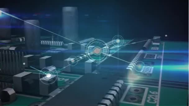 コンピュータプロセッサ回路基板上の接続ネットワークのアニメーション 世界規模の接続 デジタルインターフェース テクノロジー ネットワーキングの概念デジタルで生成されたビデオ — ストック動画