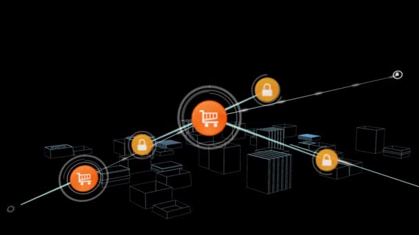 Animación Red Conexiones Con Iconos Sobre Dibujo Ciudad Negocio Global — Vídeo de stock