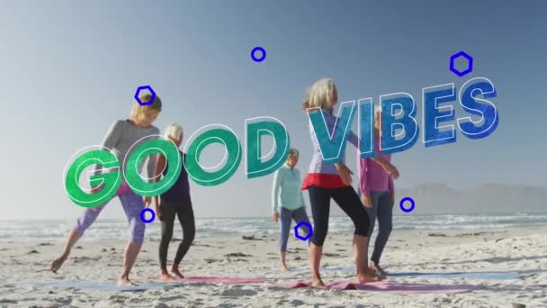 Animatie Van Tekst Goede Vibes Blauw Groen Met Vrouwen Doen — Stockvideo