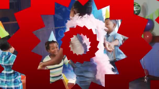 Animacja Czerwonych Kształtów Wirujących Nad Tańczącymi Dziećmi Bawiących Się Imprezie — Wideo stockowe