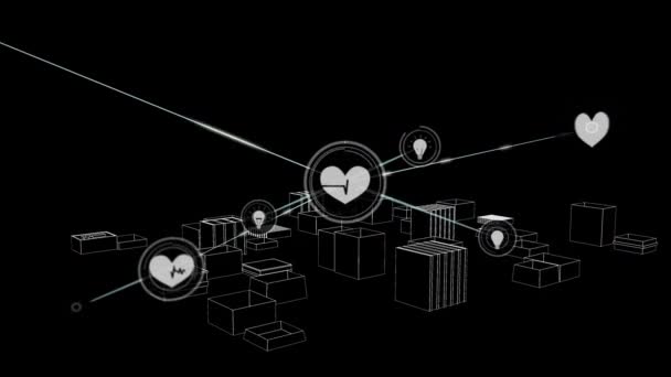 Animação Rede Conexões Com Ícones Sobre Cidade Desenho Fundo Preto — Vídeo de Stock