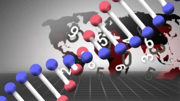 Animation Rotating Dna Strand Changing Numbers Red Arrows World Map — Stock Video