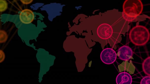 Animering Nätverk Anslutna Medierikoner Som Rör Sig Över Världskartan Globalt — Stockvideo