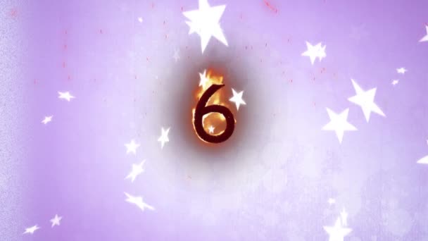 Animation Falling White Stars Number Flames Lilac Background Celebration Birthday — Stock Video