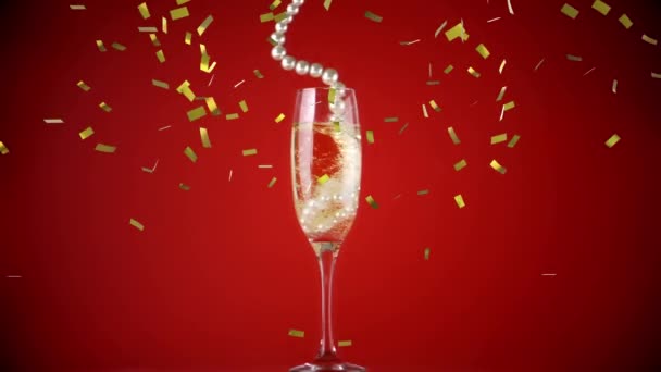 Animation Gold Confetti Pearl Necklace Falling Glass Champagne Red Background — Stock Video