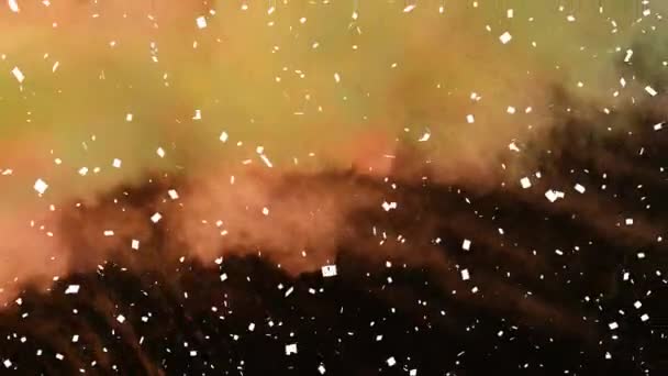Animazione Coriandoli Bianchi Polvere Gialla Arancione Caduta Fondo Nero Celebrazione — Video Stock