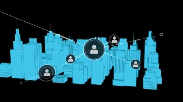 Animation Des Verbindungsnetzes Mit Icons Über Der Stadtzeichnung Auf Schwarzem — Stockvideo