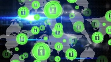Dünya haritası üzerinde asma kilit güvenlik simgeleriyle bağlantı ağının animasyonu. küresel internet güvenliği, dijital arayüz, teknoloji ve bağlantılar konsepti dijital olarak oluşturulmuş video.