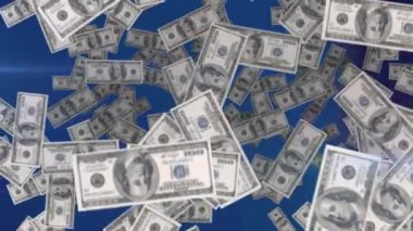 Dolarların düşüşünün animasyonu, mavi arka planda hareket eden spot ışıkları. küresel iş ve finans teknolojisi ve iletişim konsepti dijital olarak oluşturulmuş video.