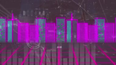 Şehir manzarası üzerinde bağlantılar ve veri işleme ağlarının animasyonu. küresel veri işleme, ağlar, bağlantılar ve dijital arayüz konsepti dijital olarak oluşturulmuş video.