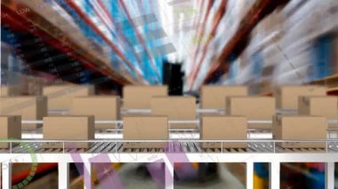 Taşıyıcı bantların üzerinde kutularla işlenen istatistiklerin animasyonu. küresel gönderim, dijital arayüz, teknoloji ve bağlantılar konsepti dijital olarak oluşturulmuş video.