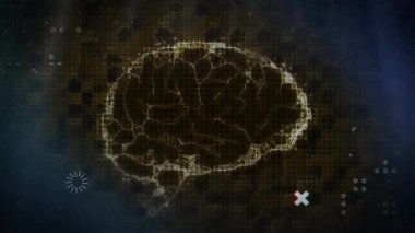 Siyah zemin üzerinde noktalar ve haçlar olan dönen beyin animasyonu. küresel tıbbi araştırma teknolojisi ve dijital arayüz konsepti, dijital olarak oluşturulmuş video.