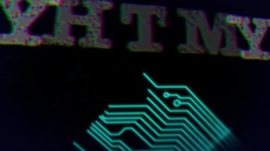 Beyaz renkli metin satışlarının animasyonu, siyah arka planda bilgisayar devreleri var. küresel iş iletişimi ve dijital arayüz teknolojisi kavramı, dijital olarak oluşturulmuş video.