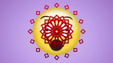 Mor arkaplandaki şaşırmış emoji simgesinin animasyonu. küresel sosyal medya, dijital arayüz, teknoloji ve ağ konsepti dijital olarak oluşturulmuş video.