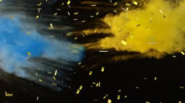 Siyah üzerinde yüzen altın konfeti ve renkli toz animasyonu. kutlama, parti ve olay konsepti, dijital olarak oluşturulmuş video.