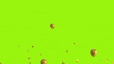 Altın balonların yükselişi, altın konfetilerin yeşil arka planda düşüşü. kutlama, parti ve olay konsepti dijital olarak oluşturulmuş video.