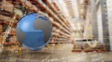 Depodaki küresel ve finansal veri işleme animasyonları. küresel taşımacılık, iş, teknoloji ve ağ konsepti dijital olarak oluşturulmuş video.