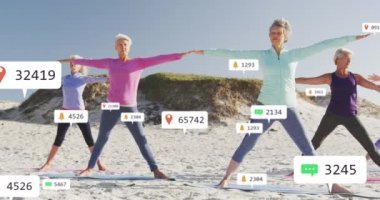 Sahilde egzersiz yapan kadınlar hakkında sosyal medya bildirimlerinin canlandırılması. Sosyal medya, olumlu duygular, refah ve iletişim ağı konsepti, dijital olarak oluşturulmuş video.