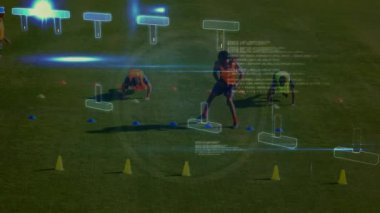 Futbolcular üzerinde DNA ipliği ve veri işleme animasyonu. global spor, dijital arayüz, teknoloji ve ağ konsepti dijital olarak oluşturulmuş video.