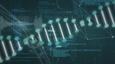 DNA iplikçiklerinin animasyonu, veri işleme üzerindeki bağlantılar ağı. küresel iş, dijital arayüz, teknoloji ve ağ konsepti dijital olarak oluşturulmuş video.