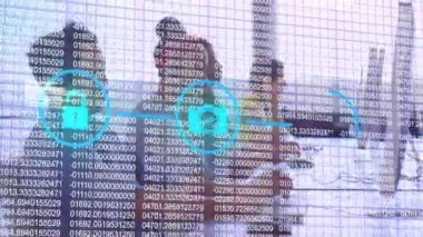 İş adamları üzerinde üç dijital simge kümesinin canlandırılması. küresel iş, dijital arayüz, teknoloji ve ağ konsepti dijital olarak oluşturulmuş video.