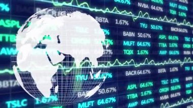 Küresel ve finansal veri işleme animasyonu. küresel iş, teknoloji ve ağ konsepti dijital olarak oluşturulmuş video.