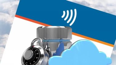 Dijital bulut animasyonu, asma kilit ve kablosuz internet kartı. küresel veri işleme, ağlar, bağlantılar ve dijital arayüz konsepti dijital olarak oluşturulmuş video.