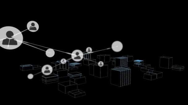 Animação Rede Conexões Com Ícones Sobre Cidade Desenho Fundo Preto — Vídeo de Stock