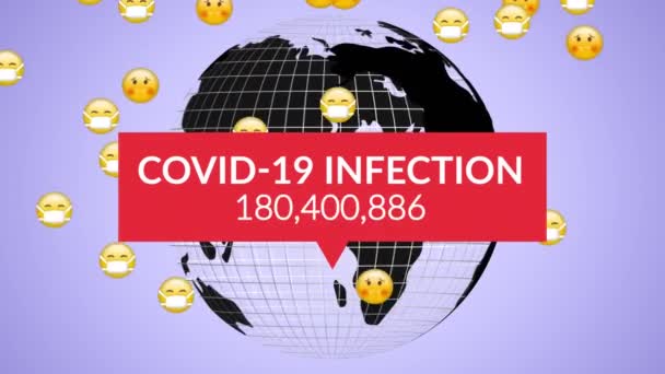 Animación Texto Covid Infección Creciente Número Sobre Caída Emojis Globo — Vídeo de stock