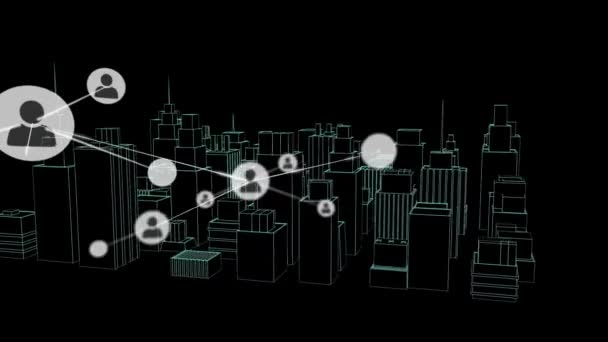 Animation Network Connections Icons City Drawing Black Background Global Business — Stock Video