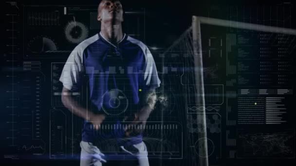 Animation Der Datenverarbeitung Über Fußballspieler Globaler Sport Digitale Schnittstelle Technologie — Stockvideo