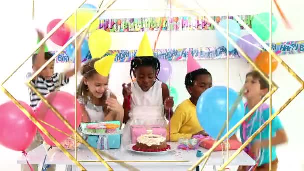 Animation Golden Shapes Children Having Fun Party Childhood Birthday Party — Stock Video