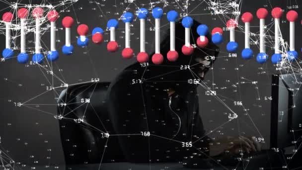 Animación Cadena Adn Red Procesamiento Datos Través Hacker Con Ordenador — Vídeo de stock