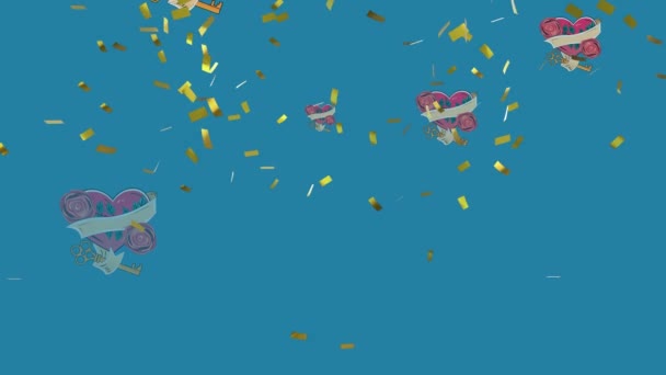 Animation Von Herabfallendem Goldkonfetti Über Herzen Mit Rosen Und Schlüsseln — Stockvideo