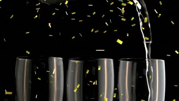 Animatie Van Confetti Die Valt Champagne Die Glas Wordt Gegoten — Stockvideo