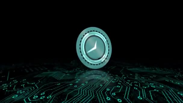 Animation Clock Turning Hands Circuitboard Black Background Global Communication Time — Stock Video