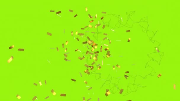 Animation Ring Network Rotating Gold Confetti Falling Green Background Celebration — Stock Video