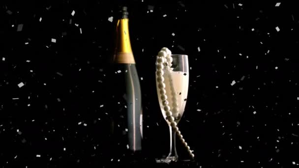 Animatie Van Confetti Vallen Parelsnoer Champagne Glas Bruiloft Viering Nieuwjaarsavond — Stockvideo