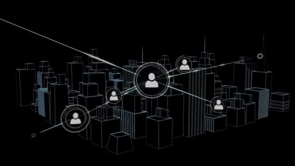 Анімація Мережі Язків Іконками Над Міським Малюнком Чорному Тлі Глобальний — стокове відео