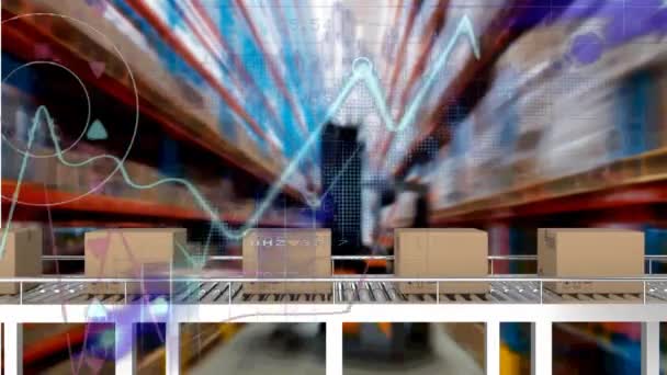 コンベアベルトと倉庫上のデータ処理のアニメーション 世界的な出荷 ビジネス デジタルインターフェース テクノロジー ネットワーキングの概念がデジタルで生成されたビデオ — ストック動画