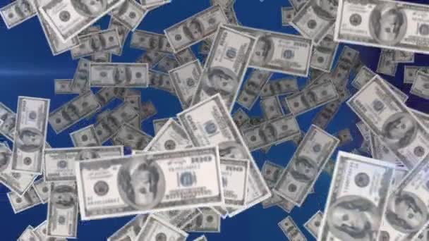 Animatie Van Dalende Dollarbiljetten Met Bewegende Schijnwerpers Blauwe Achtergrond Mondiaal — Stockvideo