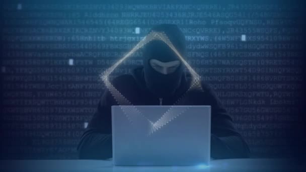 Animación Datos Procesamiento Información Hacker Enmascarado Utilizando Ordenador Portátil Habitación — Vídeo de stock