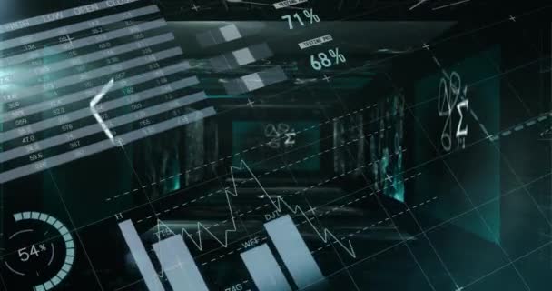 Traitement statistique des données sur écrans avec équations mathématiques sur fond noir. statistique et mathématiques recherche technologie concept