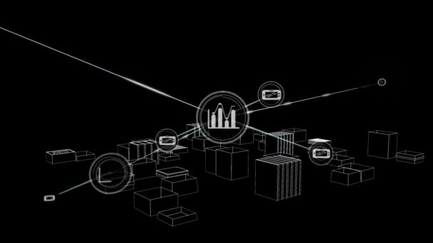 Animação Rede Conexões Com Ícones Sobre Cidade Desenho Fundo Preto — Vídeo de Stock