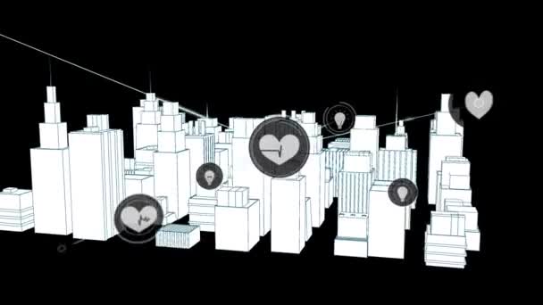 Анимация Сети Соединений Иконками Над Чертежем Города Глобальный Бизнес Цифровой — стоковое видео