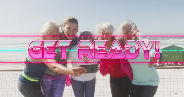 Animation Text Get Ready Shiny Pink Happy Women Embracing Taking — Stock Video