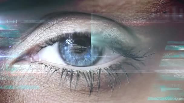 Animação Rede Processamento Dados Sobre Olho Mulher Negócio Global Interface — Vídeo de Stock