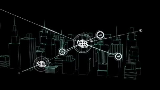 Animation Network Connections Icons City Drawing Black Background Global Business — Stock Video