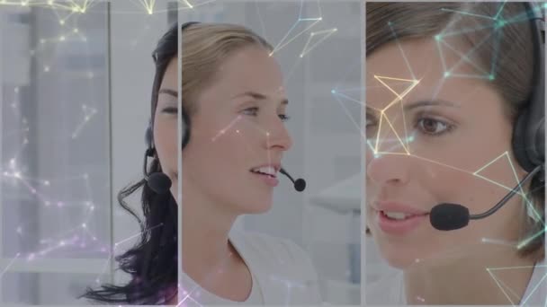Telefon Kulaklığı Kullanan Kadınlarının Fotoğrafları Üzerinden Bağlantı Ağının Animasyonu Küresel — Stok video