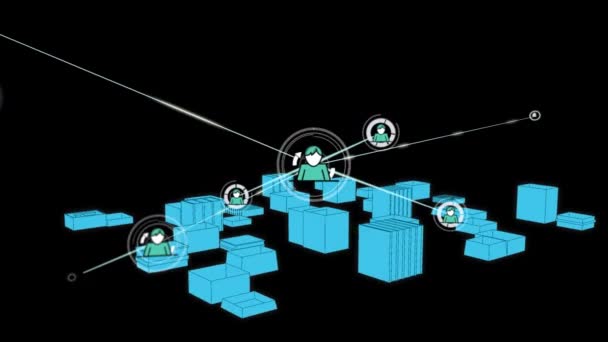 Animazione Rete Connessioni Con Icone Sopra Città Disegno Sfondo Nero — Video Stock